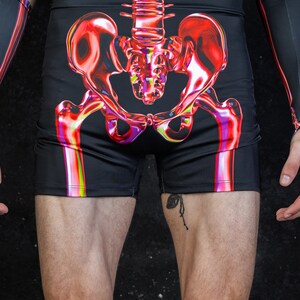 Red Skeleton Halloween High Waisted Shorts Set For Men Close View