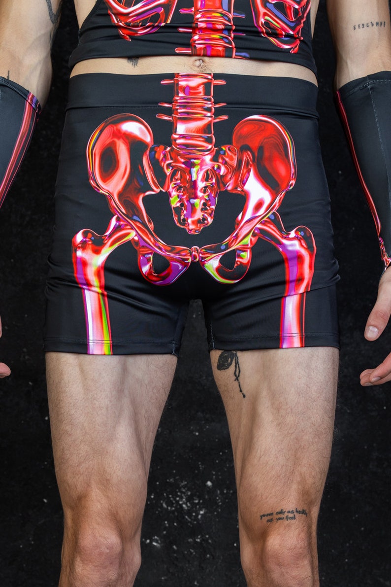 Red Skeleton Halloween High Waisted Shorts Set For Men Close View
