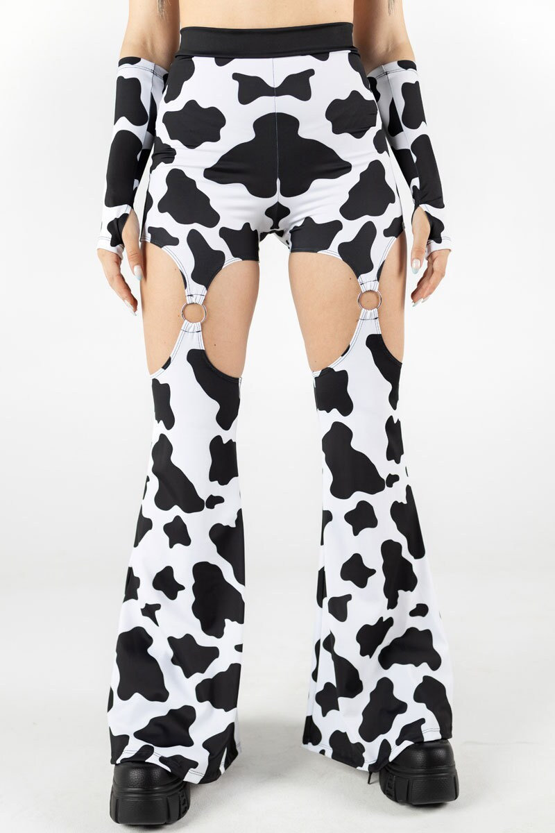 Kuh Cut-Out Schlaghose, Kuh Diskohose, Animal Print high-rise Hose, Kuh Schlaghose Set, Festival-Outfits, Kuh-Rave-Outfits