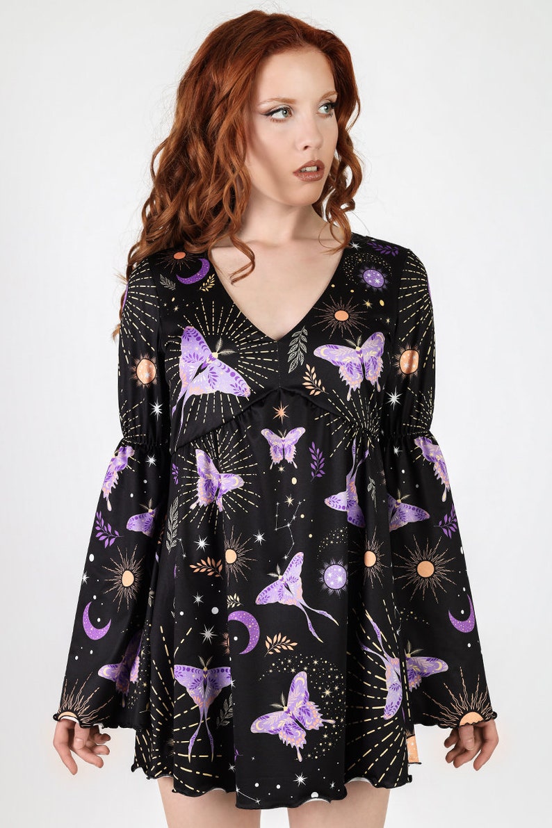 Black Butterfly Dress With Bell Sleeves Front View
