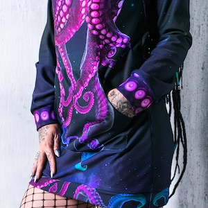 Octopus Hoodie, hoodie dress, long hoodie for women, cool graphic hoodie, kawaii clothing, pastel goth clothing, purple hoodie with tentacle image 5