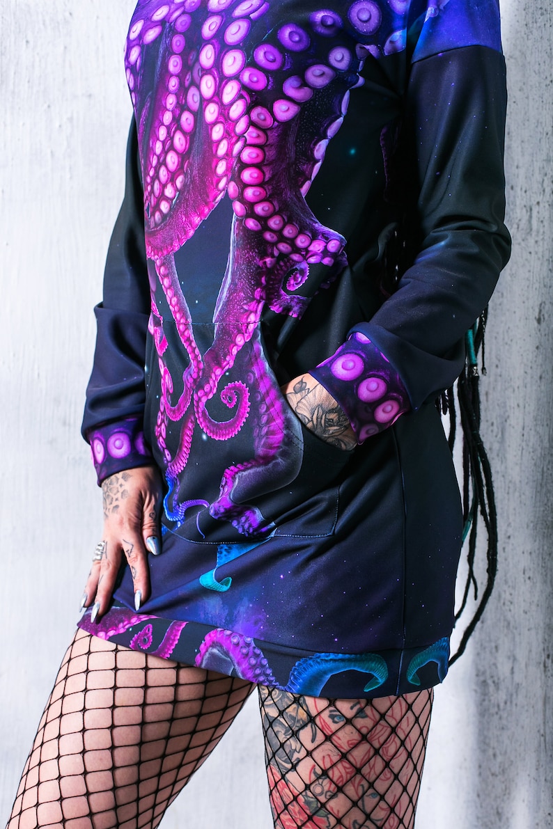 Octopus Hoodie, hoodie dress, long hoodie for women, cool graphic hoodie, kawaii clothing, pastel goth clothing, purple hoodie with tentacle image 5