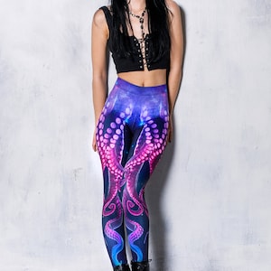 Yoga Leggings mit Oktopus Print, lila bedruckte Leggings, Leggings für Frauen, kawaii Kleidung, Leggings in Übergrößen, hoch taillierte Leggings Bild 4