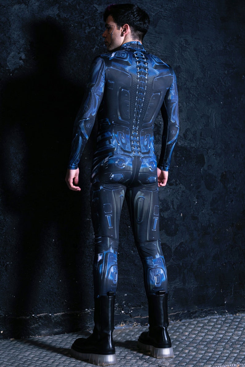 Blue Cyberpunk Men's Halloween Costume Back View