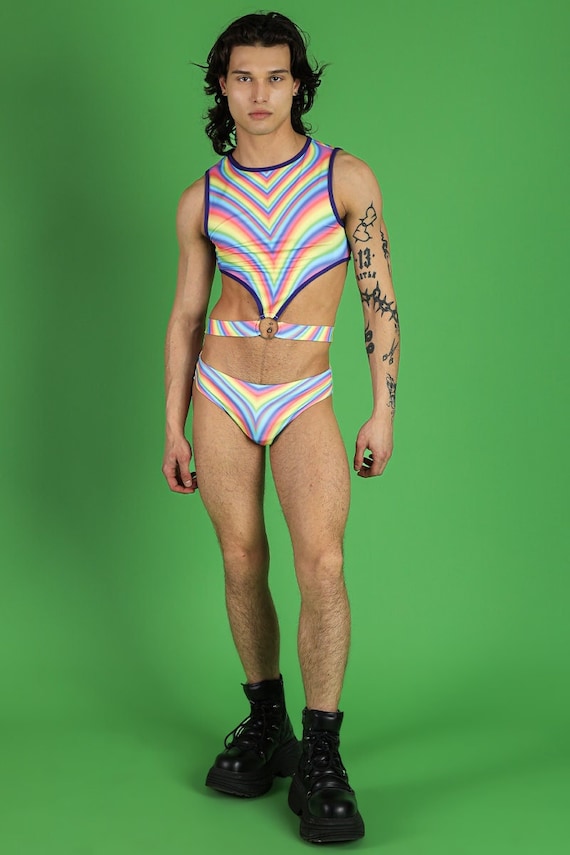 Pastel Rainbow Print Cut Out Crop Top for Men, pride o-ring crop top and bikini set for men, pride clothing, men's pool party outfit