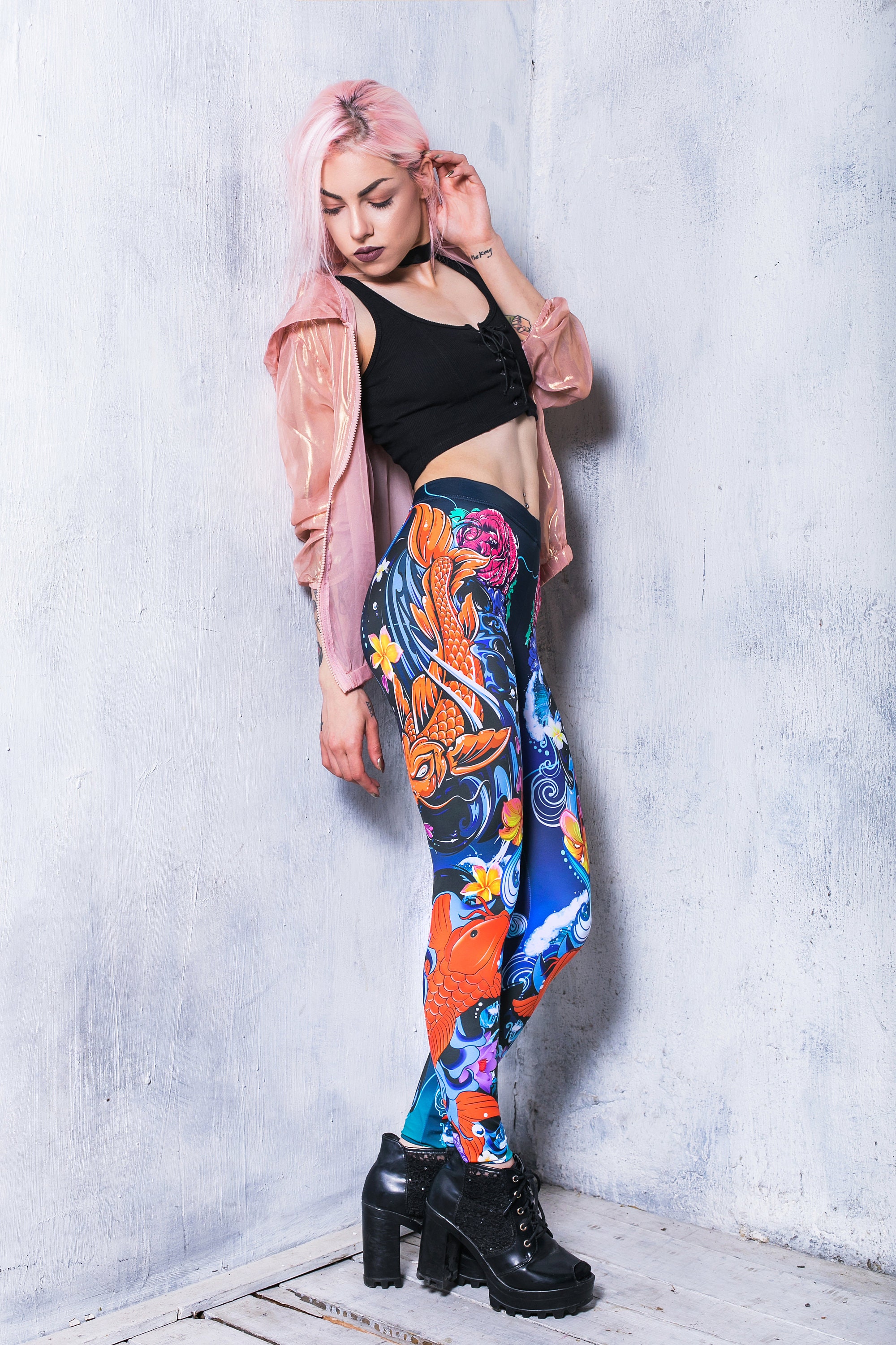 Koi Japanese Leggings, Floral High Waisted Leggings, Workout Yoga