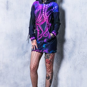 Octopus Hoodie, hoodie dress, long hoodie for women, cool graphic hoodie, kawaii clothing, pastel goth clothing, purple hoodie with tentacle image 3