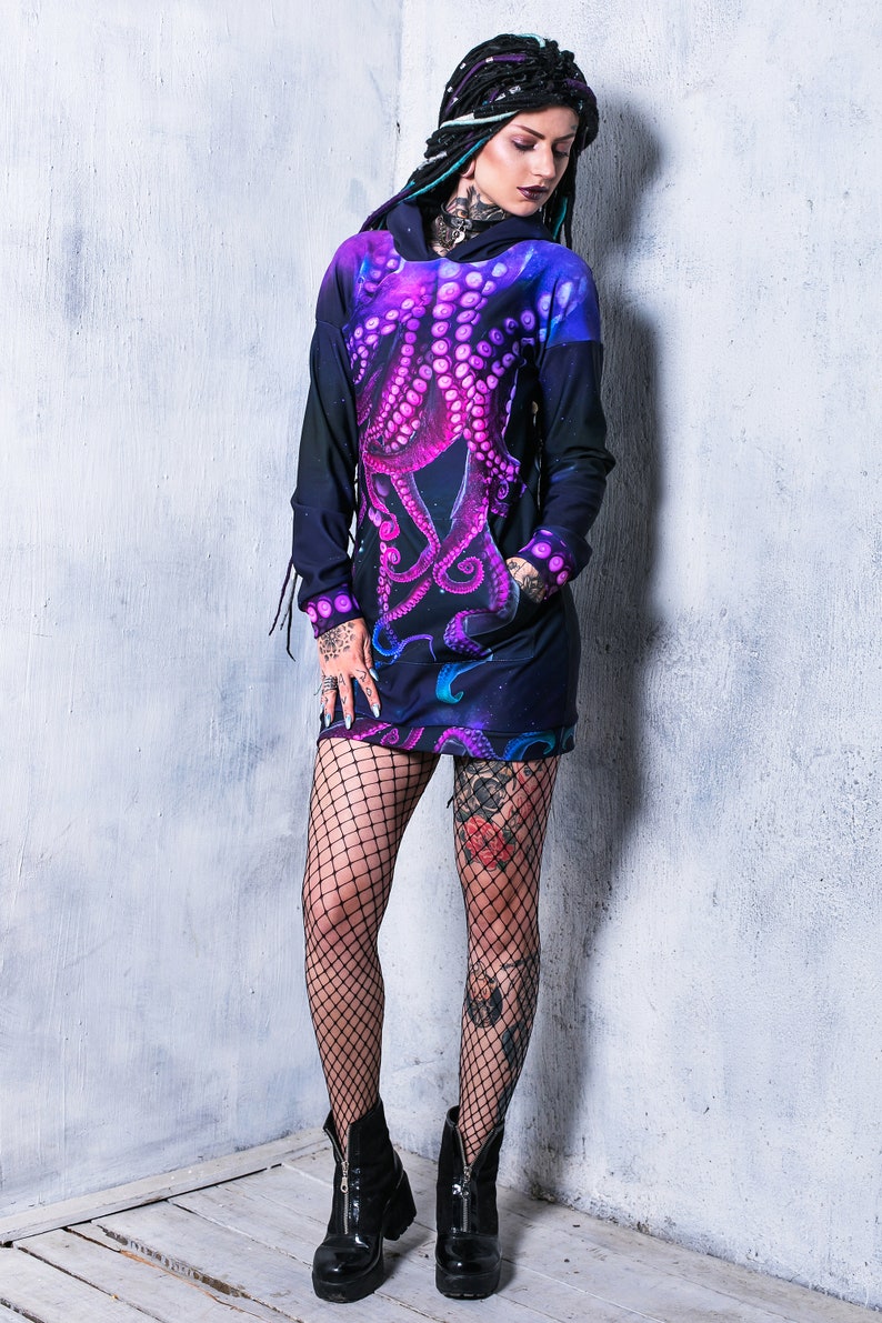 Octopus Hoodie, hoodie dress, long hoodie for women, cool graphic hoodie, kawaii clothing, pastel goth clothing, purple hoodie with tentacle image 3