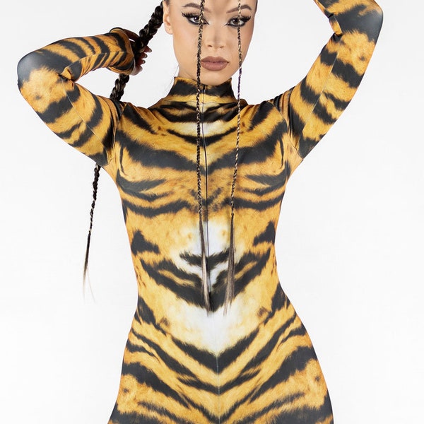 Tiger Costume, adult Halloween costume for women, Sexy Halloween Costume, Animal Costume, tiger bodysuit, one piece tiger catsuit