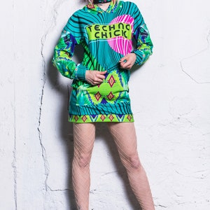 Psychedelic Hoodie for Women, cool graphic hoodie, hoodie dress, long hoodie, festival hoodie, green hoodie, festival clothing image 3