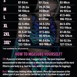 May include: Size chart for clothing with measurements in inches and centimeters. The chart includes sizes XS to 3XL, with bust, waist, and hip measurements for each size. The chart also includes a tip on how to measure yourself for the best fit.