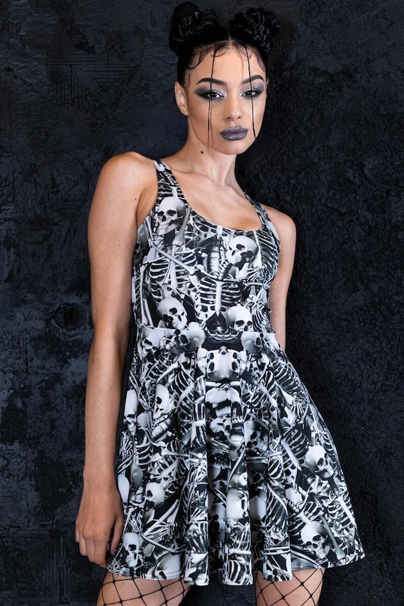 Grey Skeletons Skater Dress, Cute Halloween Dress Women, Skull Gothic Dress, Skeletons Spooky Dress, Aesthetic Skull Skater Dress, Goth Circle Dress,