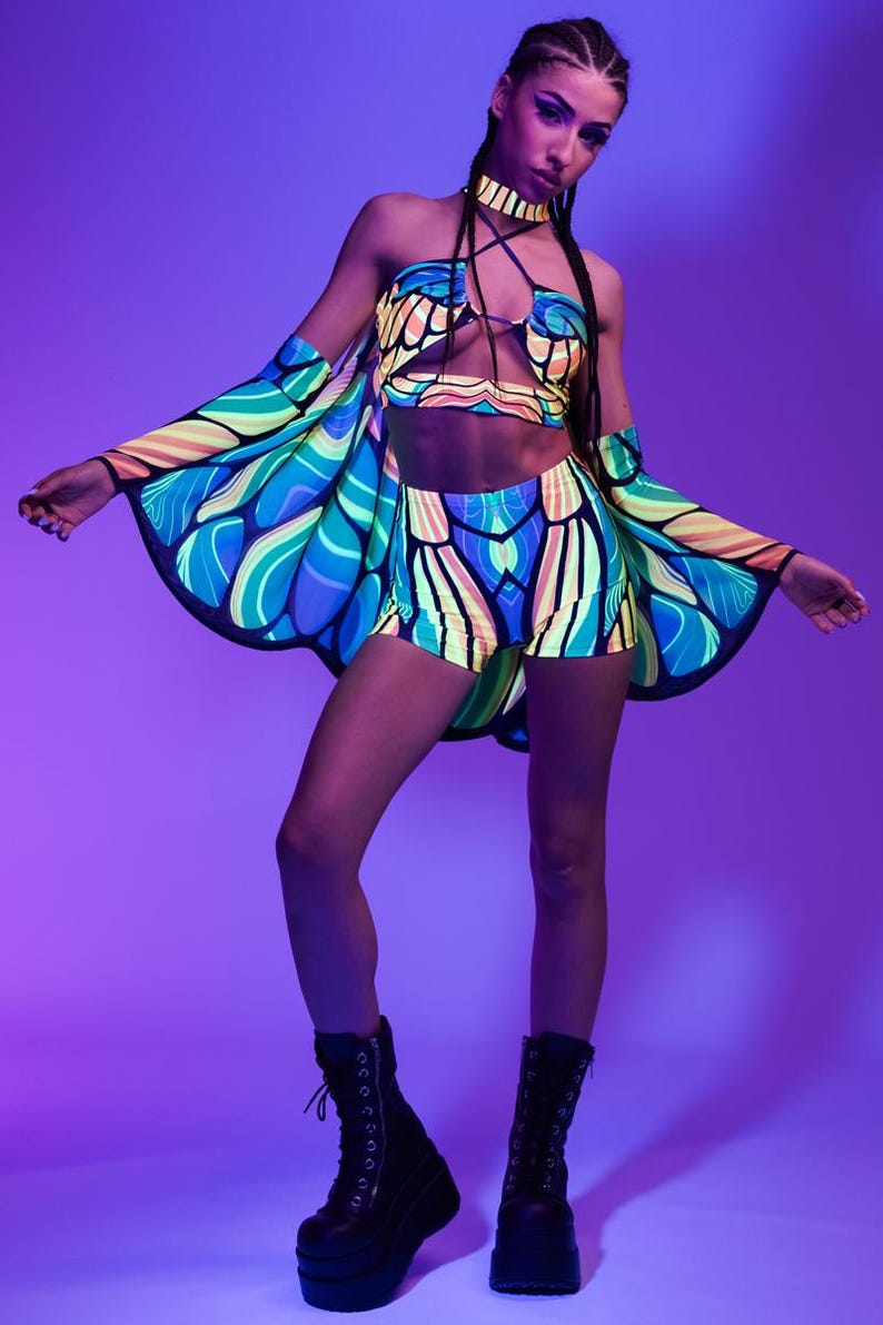 Neon Bikini Rave Top in Green & Orange, Butterfly Rave Top, Co Ord Set ...