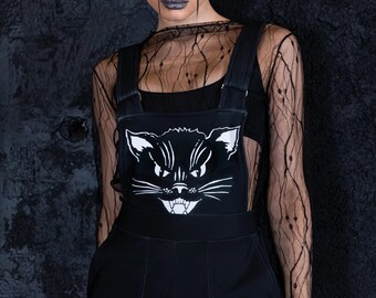 Black Kitty Shortalls, Cat Dungarees Women, Short Overalls