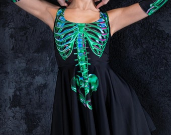 Green Skeleton Skater Dress, Halloween Dress, Skeleton Halloween Costume  for Women, Gothic Clothing, Open Back Dress, Black Short Mini Dress - Etsy