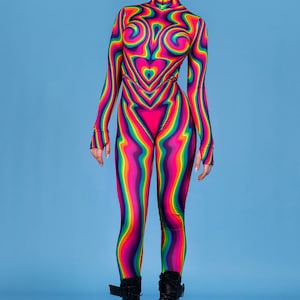 Rave Costume with Front Zip, pink one piece bodysuit, rave jumpsuit, full body costume for women, aerial costume, rainbow rave outfit image 3