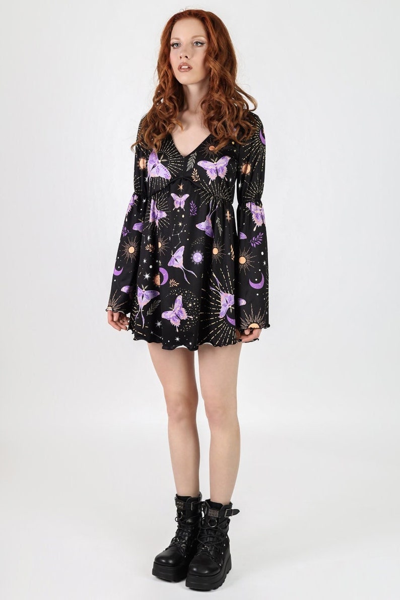 Black Butterfly Dress With Bell Sleeves Side View