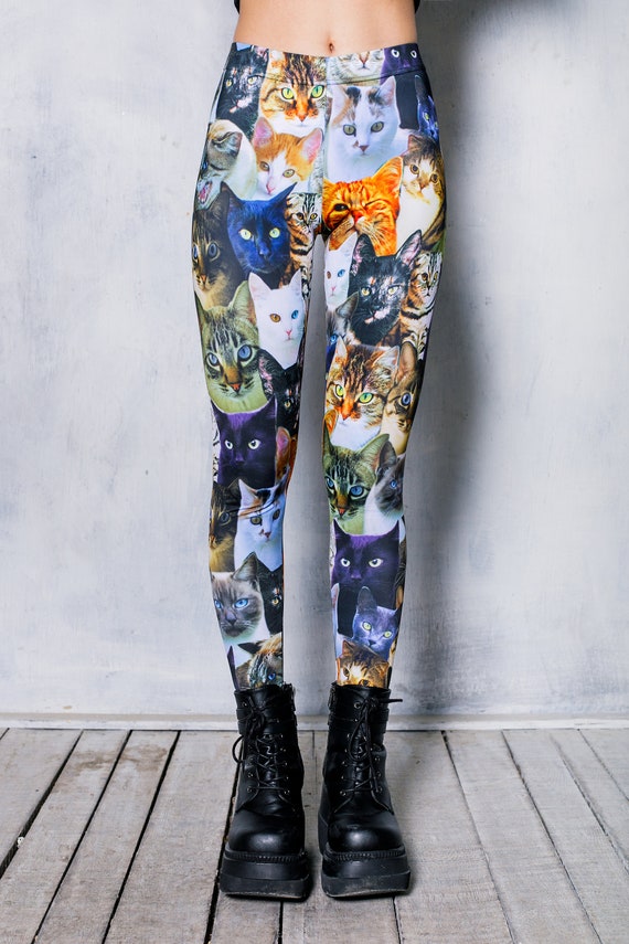 Cat Print Leggings, Women Leggings With Cat Heads, Plus Size
