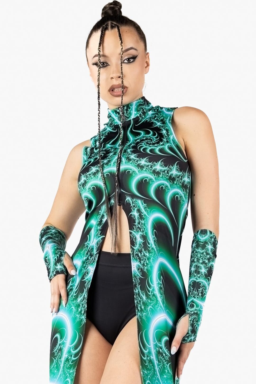 Green Rave Tops Psychedelic Rave Dress, Green Rave Outfit, Front Zipper Maxi Dress ...