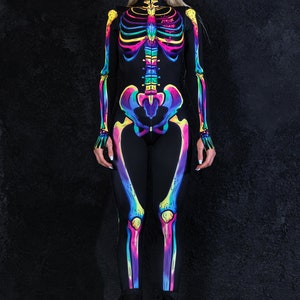 Skeleton Costume with Rainbow Bones, Halloween Skeleton Costume for Women, skeleton bodysuit, skeleton catsuit, LGBT Halloween costume image 2