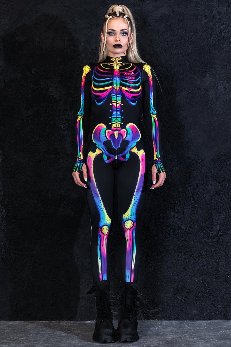 Skeleton Costume with Rainbow Bones, Halloween Skeleton Costume for Women, skeleton bodysuit, skeleton catsuit, LGBT Halloween costume image 2