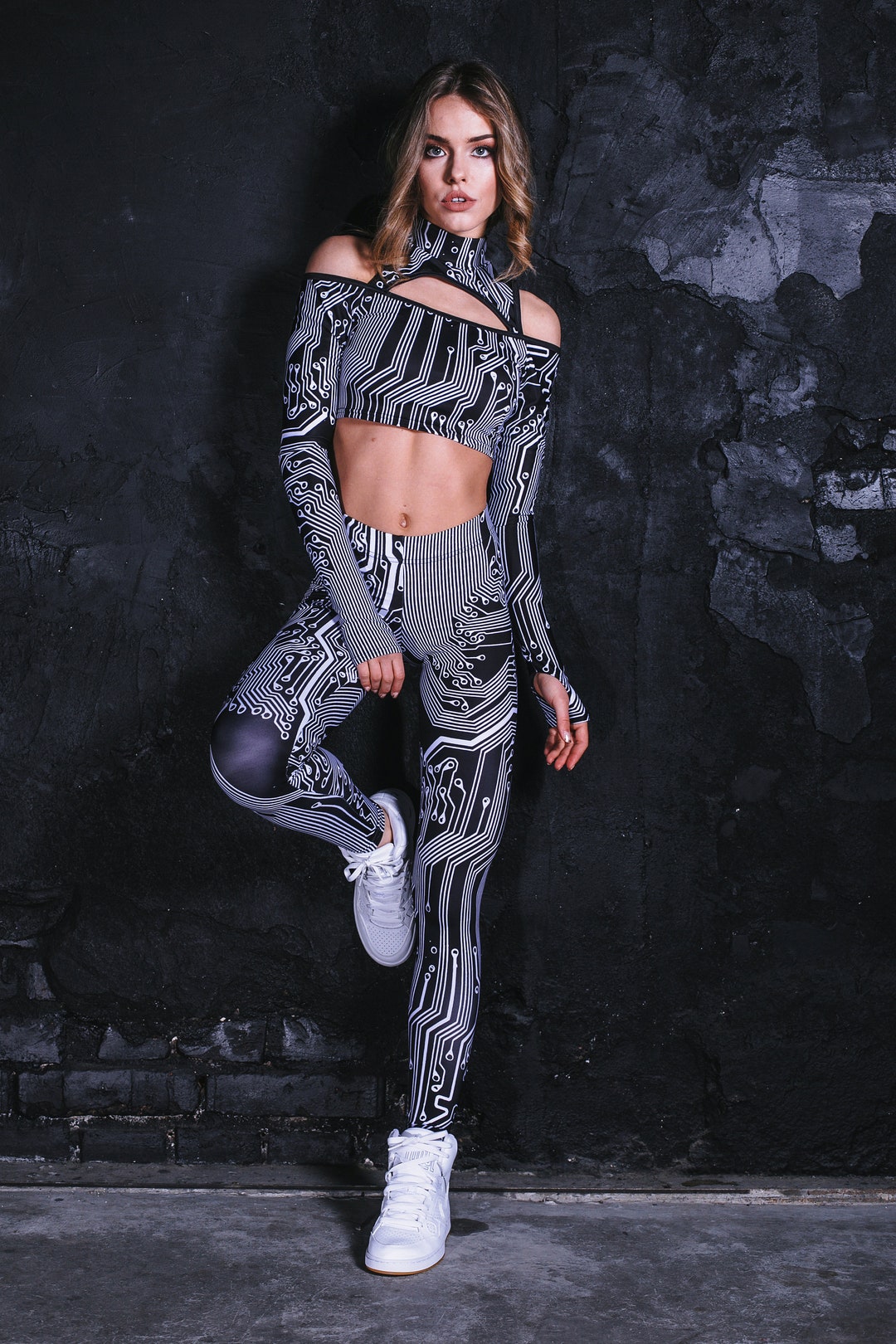 Circuit Board Black Leggings for Women, Rave Outfit, Two Piece