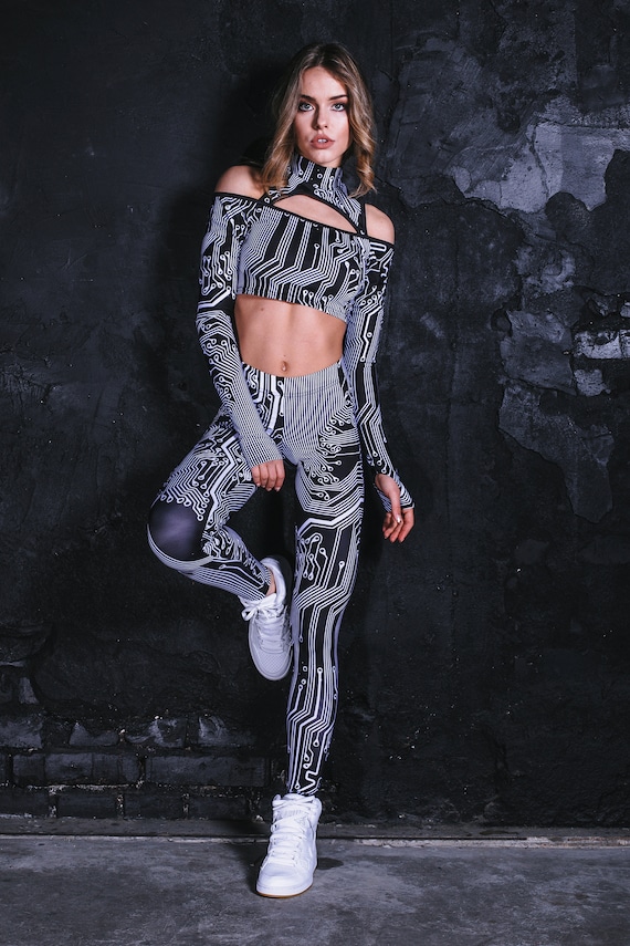 Platine schwarze Leggings für Frauen, Rave Outfit, zwei Stück Leggings Set,  Burning Man, Festival Kleidung, Cyber Goth, Sci-Fi, Cyberpunk - .de