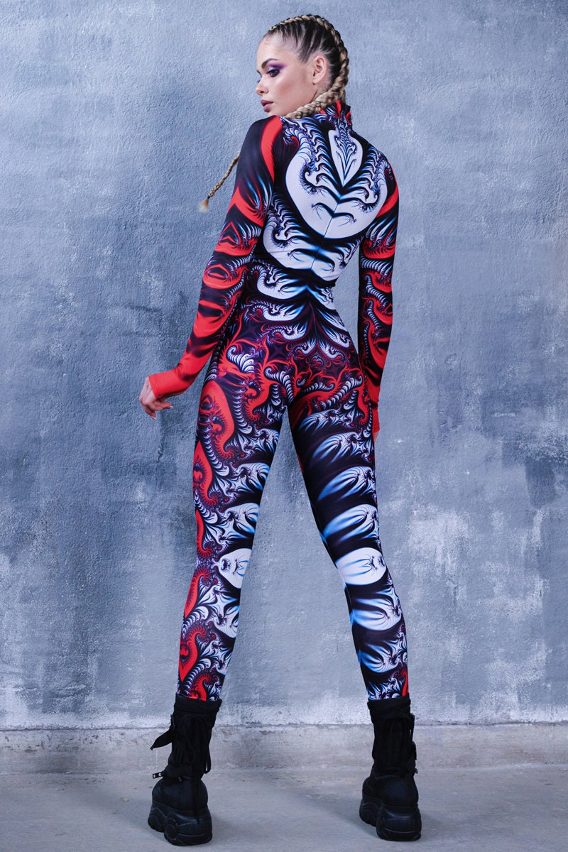 Glow in the Dark Red Festival Costume, One Piece Rave Outfit, Catsuit ...