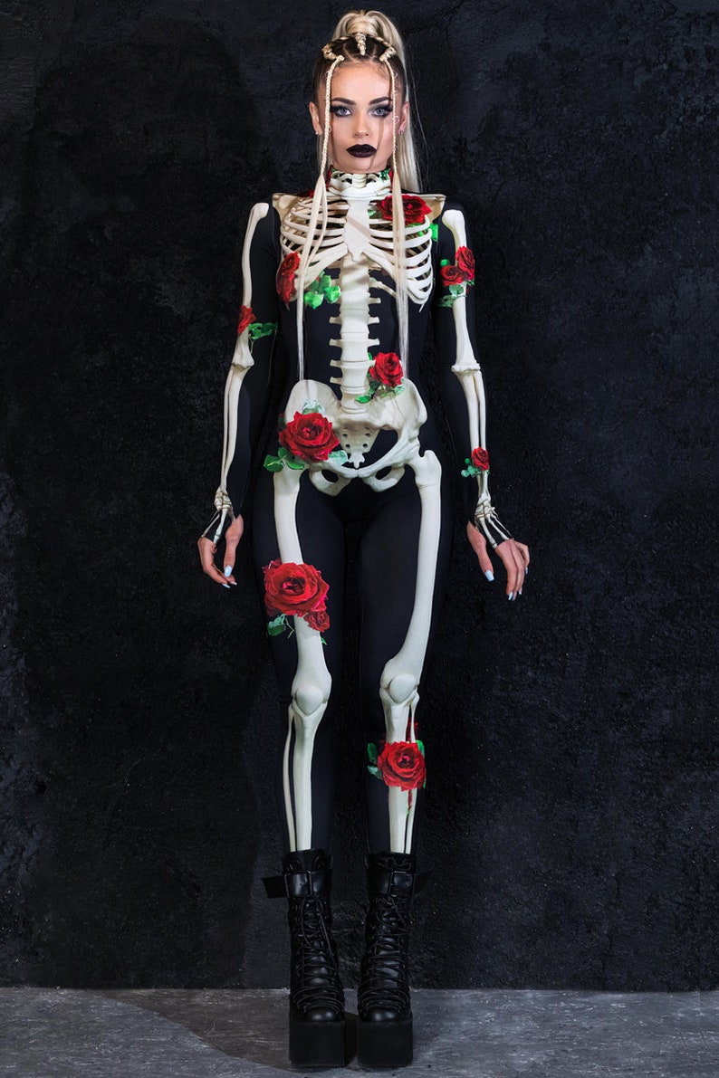 Halloween Costume for Women, one piece skeleton costume with roses, Day of the Dead costume, skeleton bodysuit, Halloween adult costume image 2