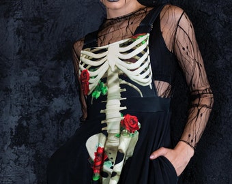 Skeleton Pinafore Dress with Roses, Halloween dress, black pinafore dress with pockets,  dungaree dress, goth dress, witchy clothing