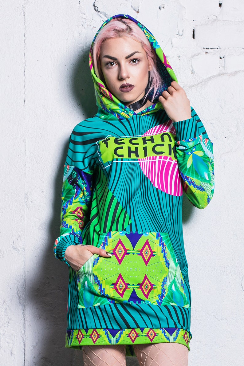 Psychedelic Hoodie for Women, cool graphic hoodie, hoodie dress, long hoodie, festival hoodie, green hoodie, festival clothing image 1