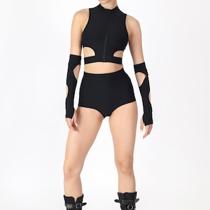 Black Cut Out Crop Top Set Full View