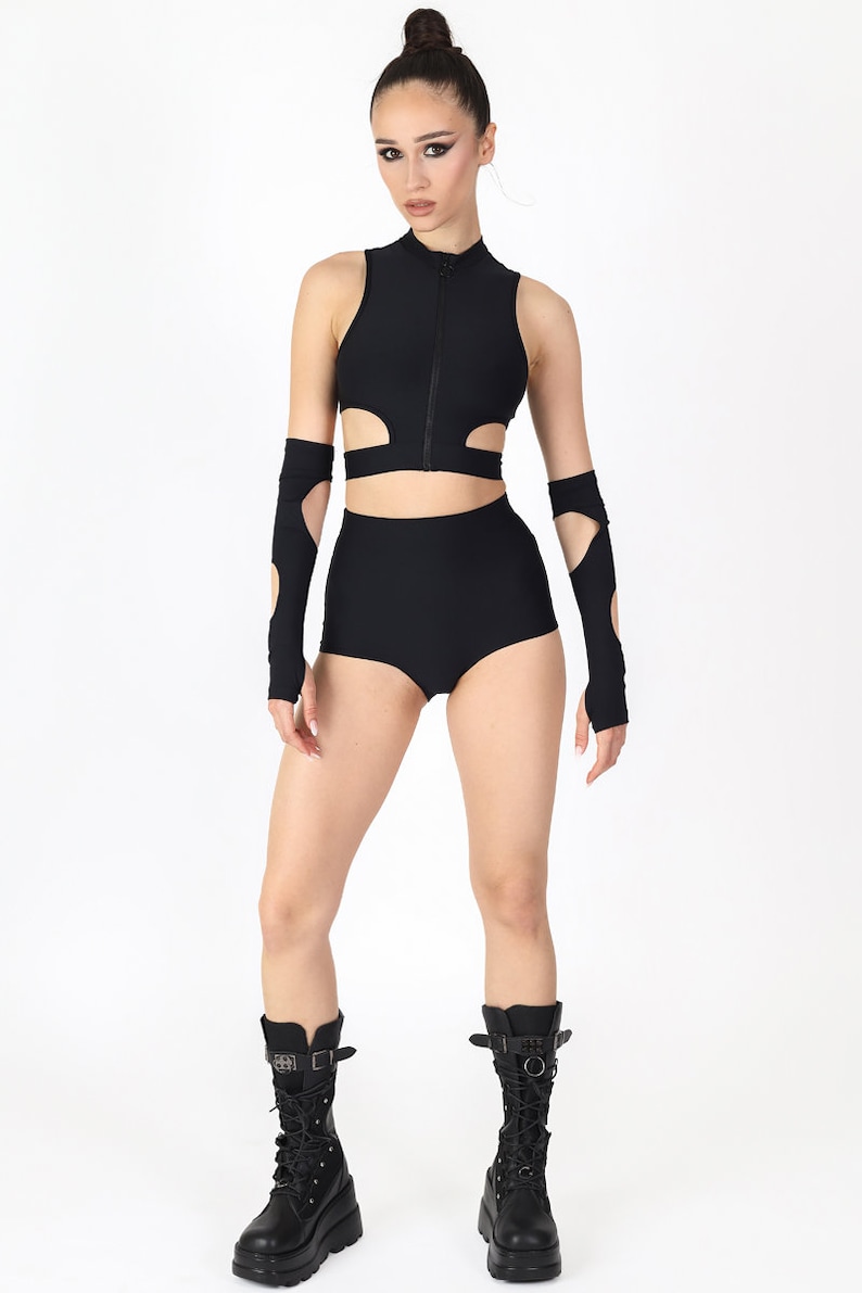 Black Cut Out Crop Top Set Full View