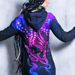 Octopus Hoodie, hoodie dress, long hoodie for women, cool graphic hoodie, kawaii clothing, pastel goth clothing, purple hoodie with tentacle image 2