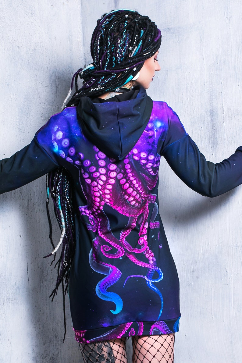Octopus Hoodie, hoodie dress, long hoodie for women, cool graphic hoodie, kawaii clothing, pastel goth clothing, purple hoodie with tentacle image 2