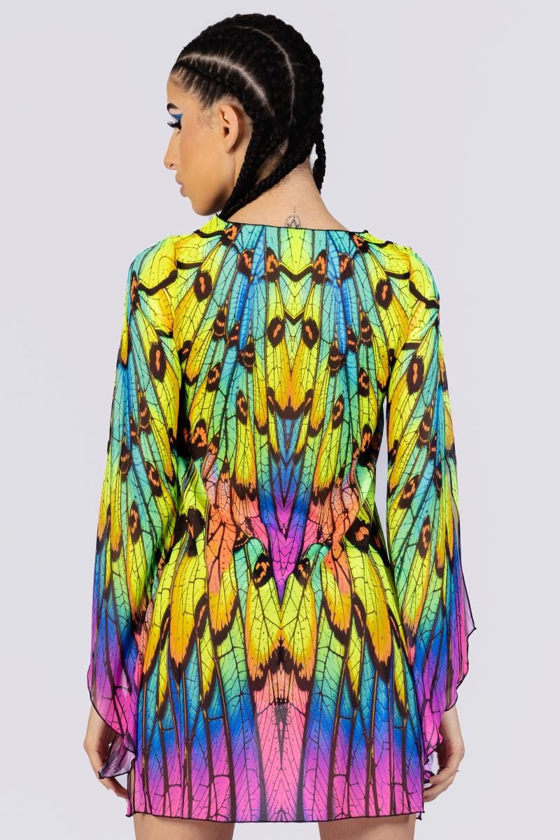 Bell Sleeve Mesh Dress, Neon Butterfly Rave Dress, Fairy Rave Outfit ...