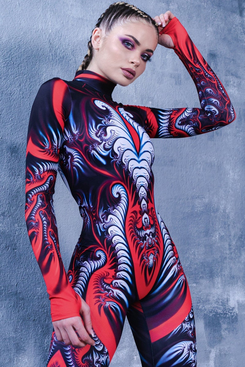 Glow in the Dark Red Festival Costume, One Piece Rave Outfit, catsuit, rave clothing women, female festival bodysuit costume,festival outfit