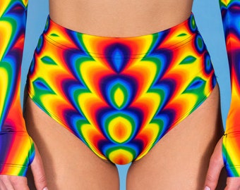 Yellow Booty Shorts, rainbow rave shorts, high rise shorts, booty shorts set, rave outfit womens, rave bottom, cute pride outfit