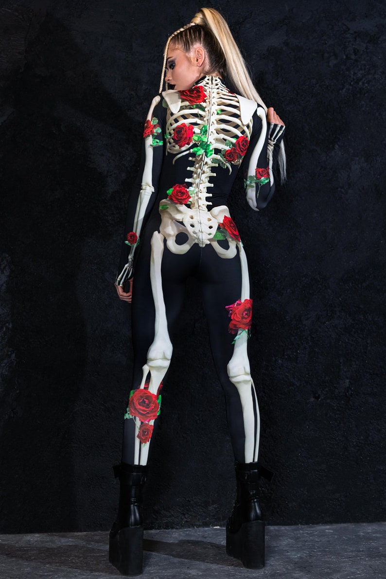 Halloween Costume for Women, one piece skeleton costume with roses, Day of the Dead costume, skeleton bodysuit, Halloween adult costume image 4