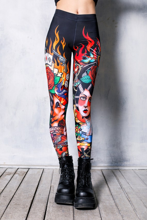 Tattoo Leggings, Printed High Waisted Leggings, Fire Leggings for