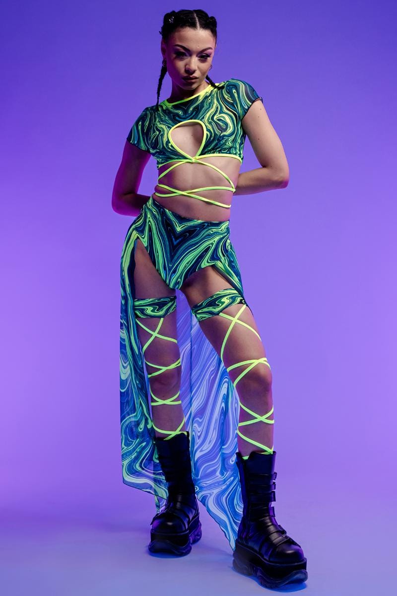 Neon Rave Outfit, UV Reactive Crop Top, Neon Wrap Crop Top, Rave Mesh Top, Festival Crop Top Set, 2 Piece Set, Rave Clothing, Festival Wear
