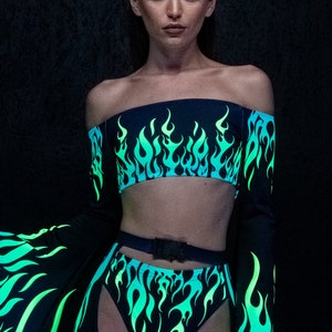 Fire Crop Top, Off Shoulder Crop Top, Flames Bat Sleeves Crop Top, Fire Halloween Outfit, Fire Flare Sleeves Tube Top, Fire Rave Clothing