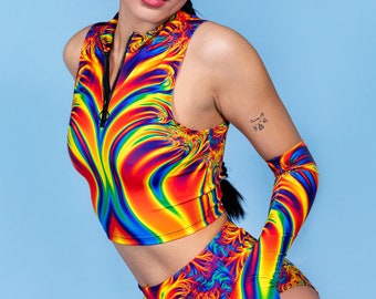 Sexy Booty Shorts, pantaloncini sfacciati arcobaleno per donna, pantaloncini stampati Pride, abbigliamento rave, abiti Pride, set di pantaloncini a vita alta arcobaleno
