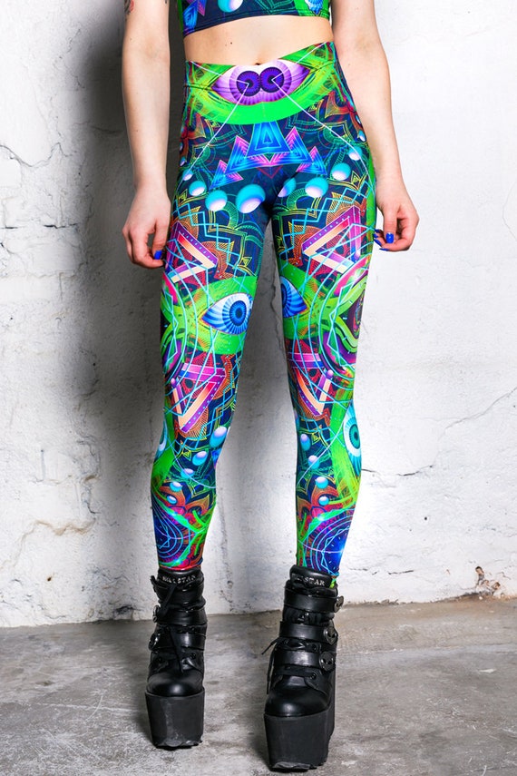 Green Festival Leggings, Printed Leggings for Rave, High Waisted