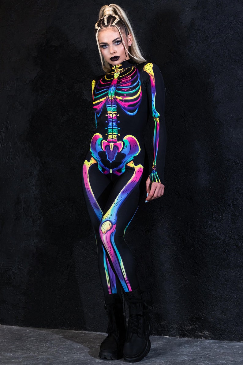 Skeleton Costume with Rainbow Bones, Halloween Skeleton Costume for Women, skeleton bodysuit, skeleton catsuit, LGBT Halloween costume image 4