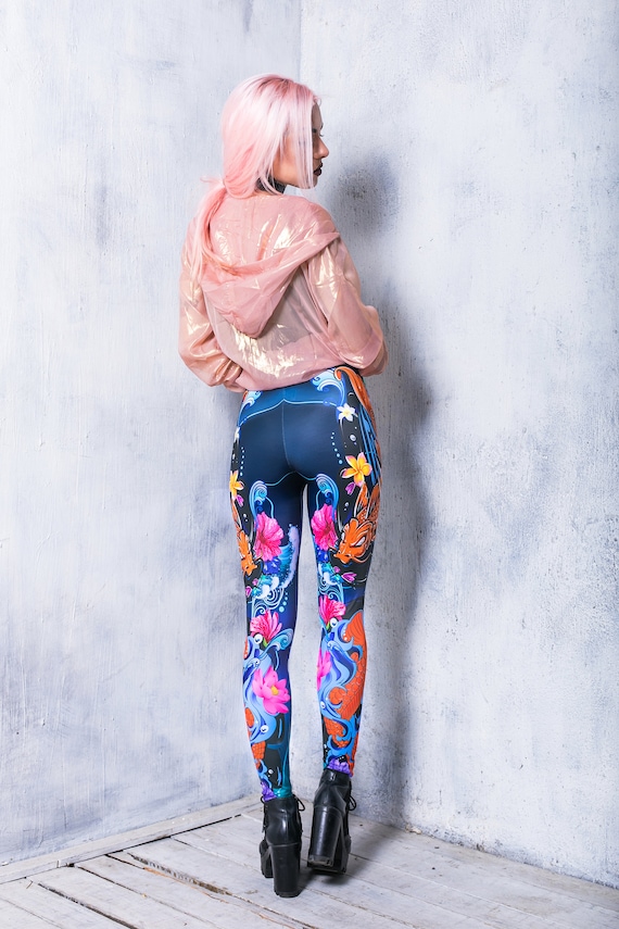 Koi Japanese Leggings, Floral High Waisted Leggings, Workout Yoga
