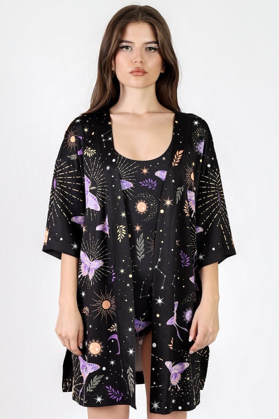 Butterfly Short Kimono, elbow sleeve summer kimono, printed festival kimono, goth kimono outfit, goth aesthetics clothing, casual kimono