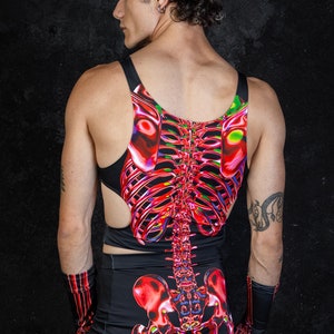 Red Skeleton Halloween High Waisted Shorts Set For Men Back View