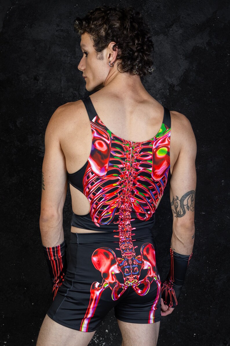Red Skeleton Halloween High Waisted Shorts Set For Men Back View