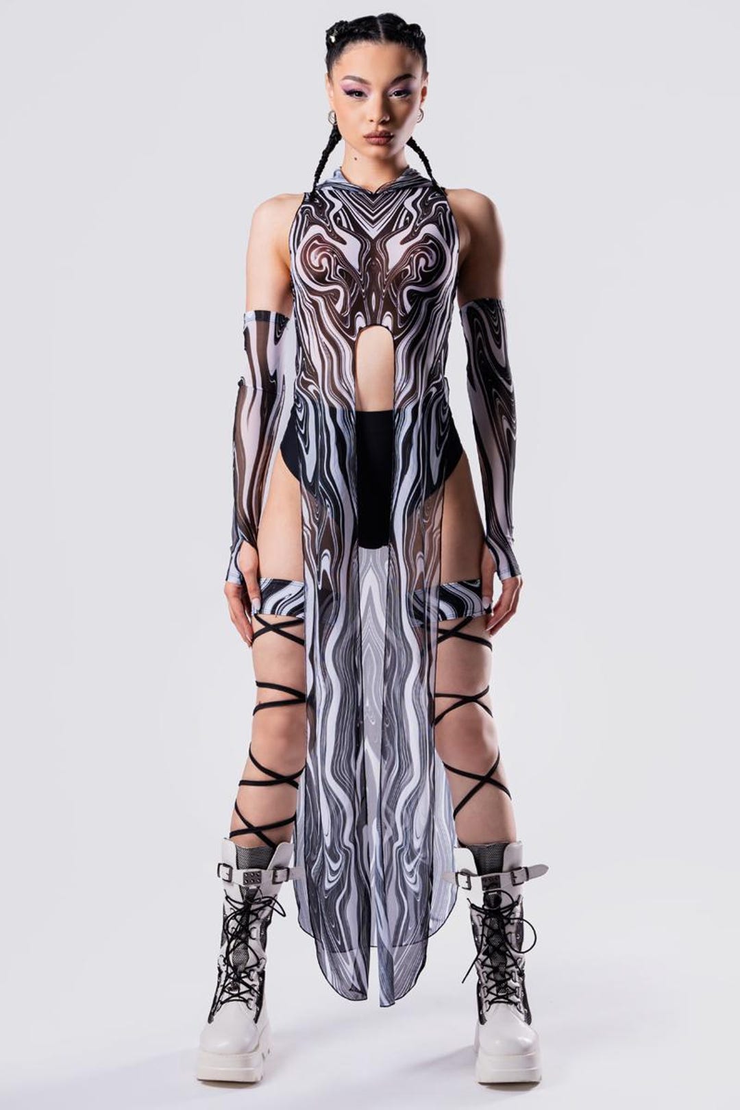 Black and White Sheer Dress, Hooded Dress, Rave Outfit, Festival Set, 2  Piece Rave Set, Maxi Dress, Mesh Clothing, Party Outfit, Long Dress - Etsy